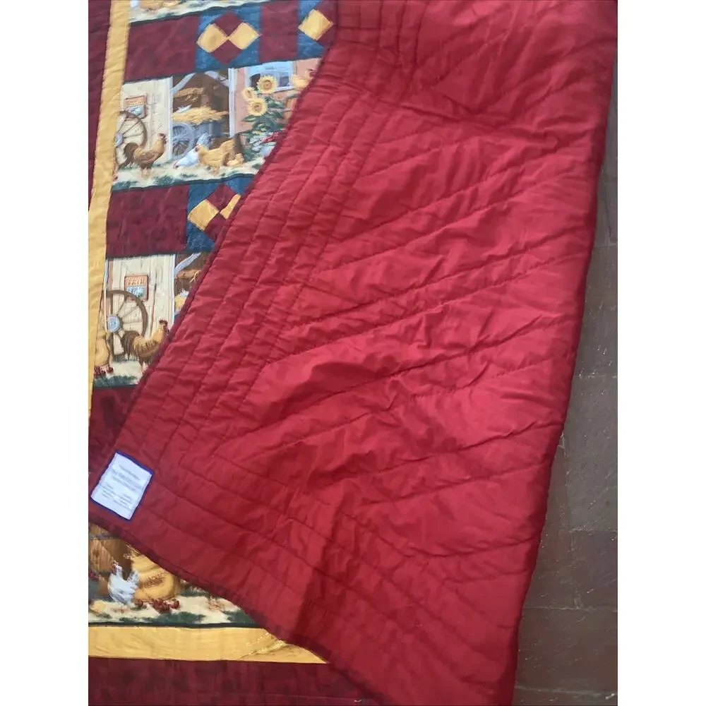 Handmade Chicken Farm Quilt Red Gold Teal Country Blanket Throw 60”x 58”